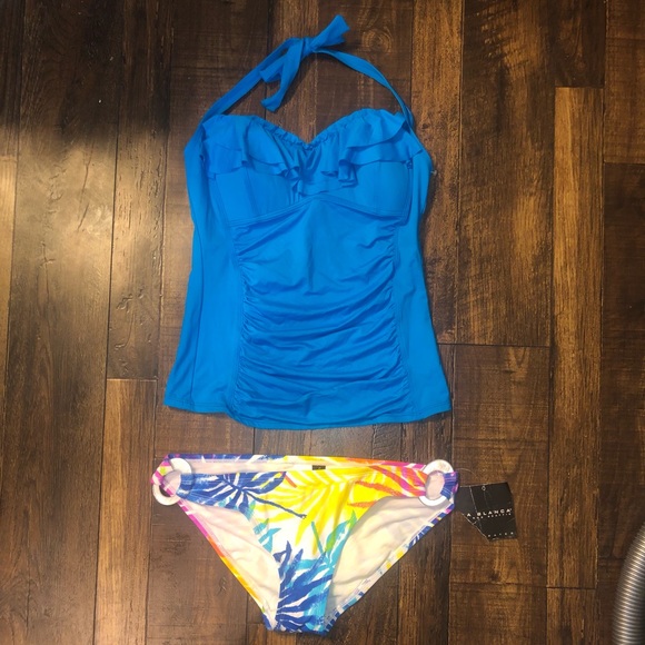 La Blanca Swim 48 La Blanca Ruffled Halter Tankini Swim Top Tropical Ringlet Bikini Bottom